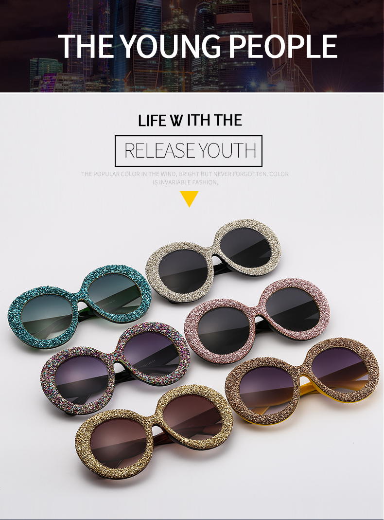 Luxury Oversized Sunglasses Women Vintage Rhinestones Sun Glasses Round Frame Gradient Mirror Shades for Women 220506