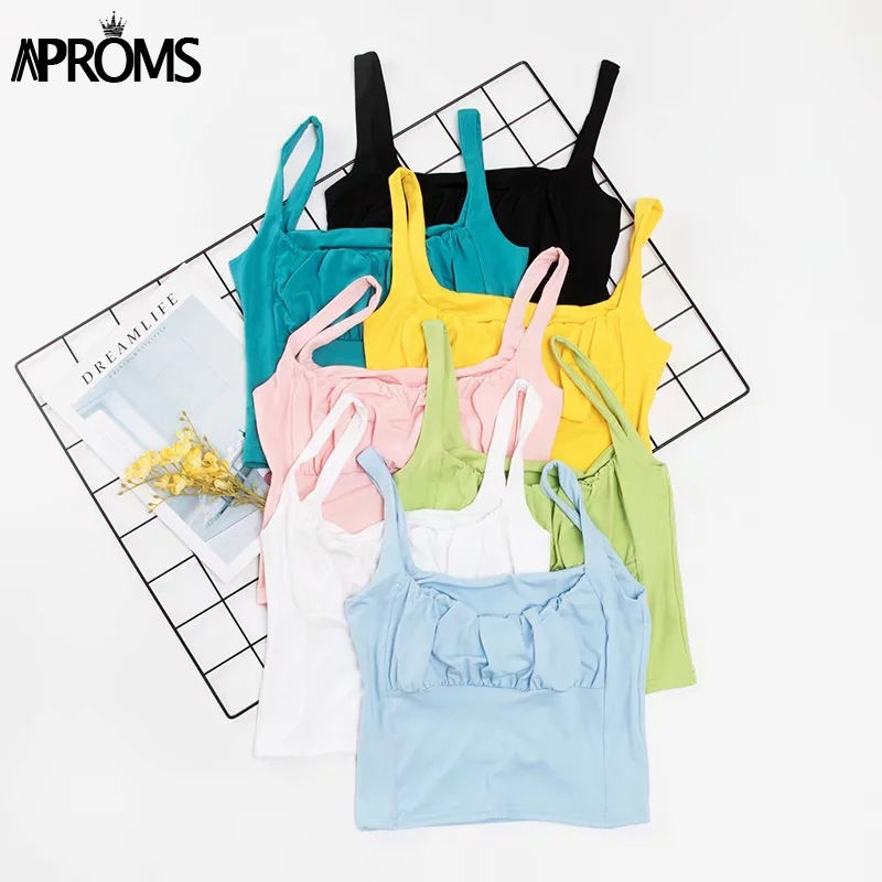 Aproms Candy Color Camis Streetwear Tube Women Summer Ruched Pleated Short Tank Tops 90s Cool Girls Sexy Slim Crop Top Tees 220316