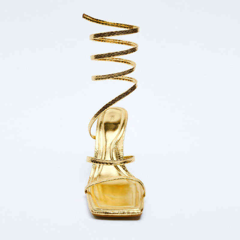 Sandals Women High Heels Shoes 2022 Gold Spiral Belt Fashion Heel Black Casual Square Head Stiletto Pumps 220412