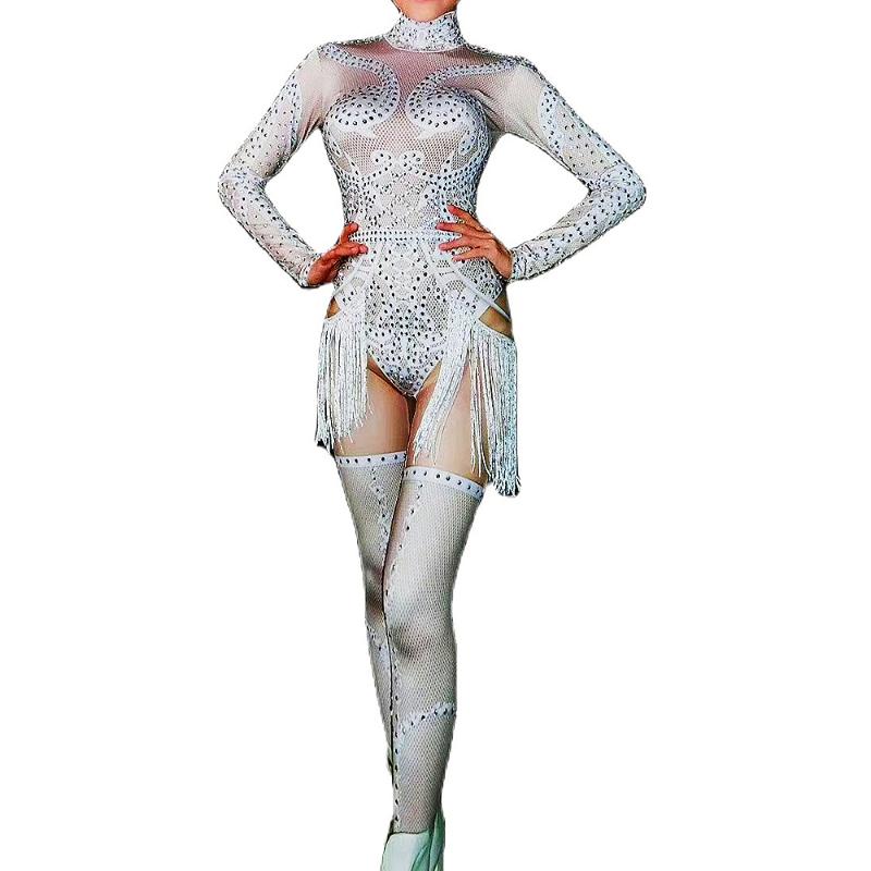 Stage Wear Long Sleeve Women Tight Stretch Jumpsuits Nightclub Sparkly Diamonds White Fringe Bodysuits Nightlcub Dance Show WearStage
Stage Wear Long Sleeve Women Tight Stretch Jumpsuits Nightclub Sparkly Diamonds White Fringe Bodysuits Nightlcub Dance Show WearStage