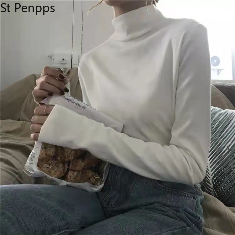 T shirt Long Sleeve Loose Striped Solid Turtleneck Womens All match Simple Leisure Korean Style Trendy Chic Soft 220714