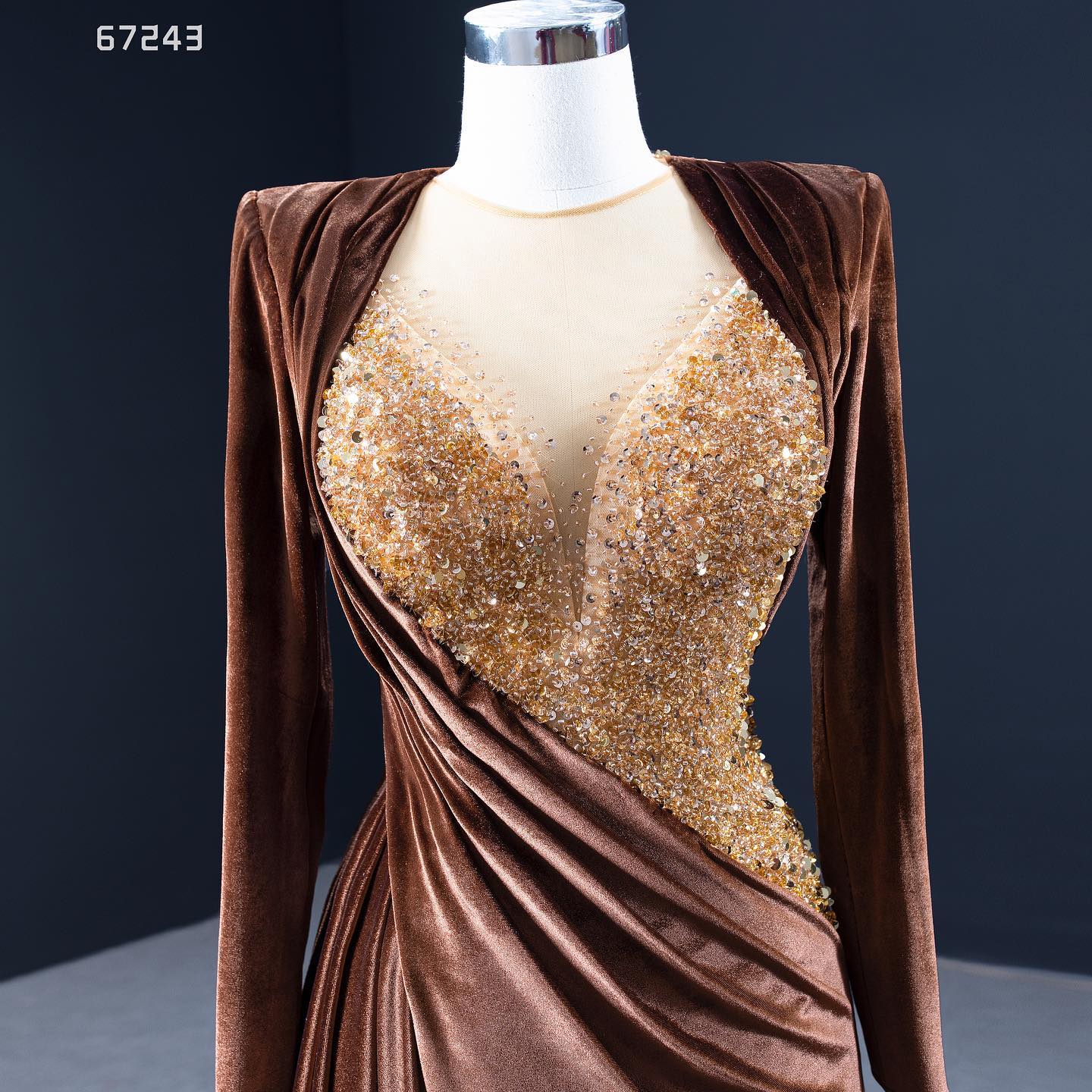 Long Sleeves Velvet Formal brown Evening Dresses 2022 sheer o neck corset Couture Mermaid prom Party Gowns Arabic Beading