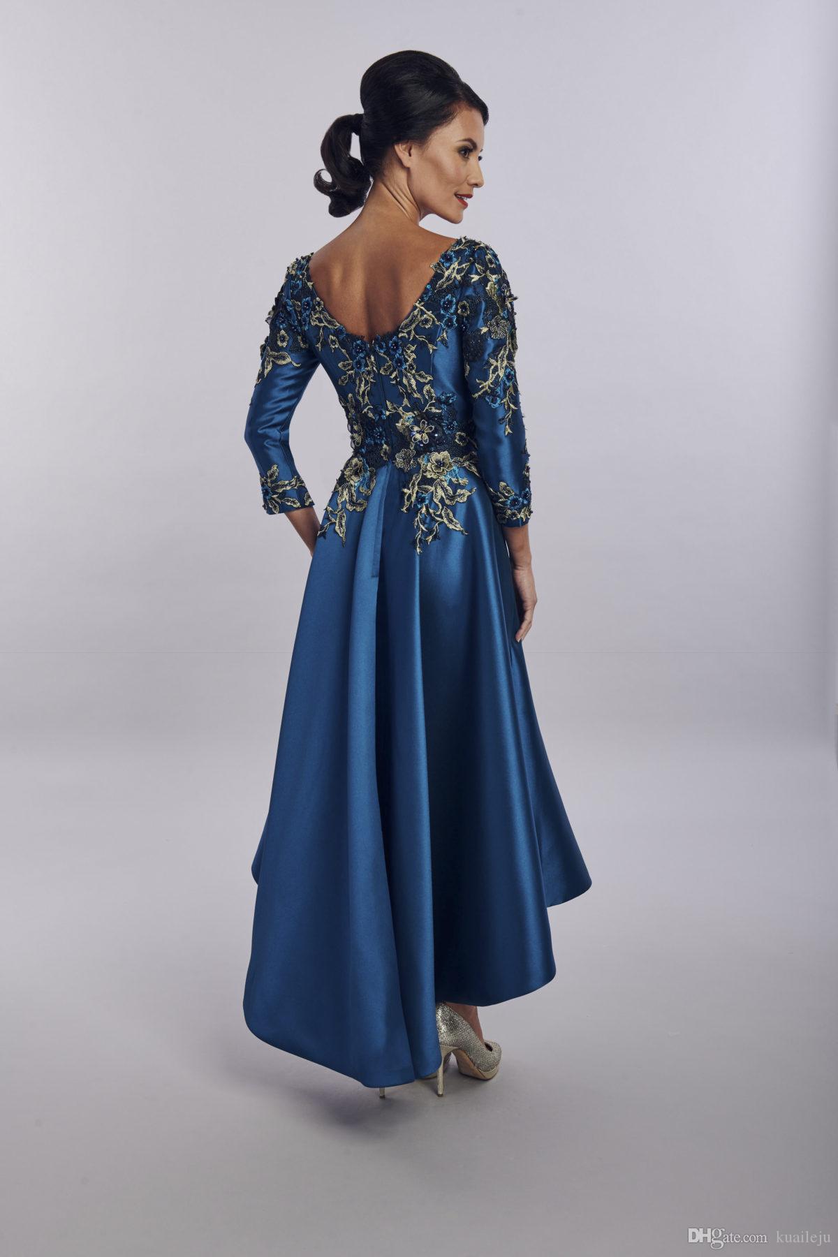 Teal Blue Tea-length Mother Of the Bride Dresses with Long Sleeve 2022 Floral Lace Mother Wedding Guest Party Gown