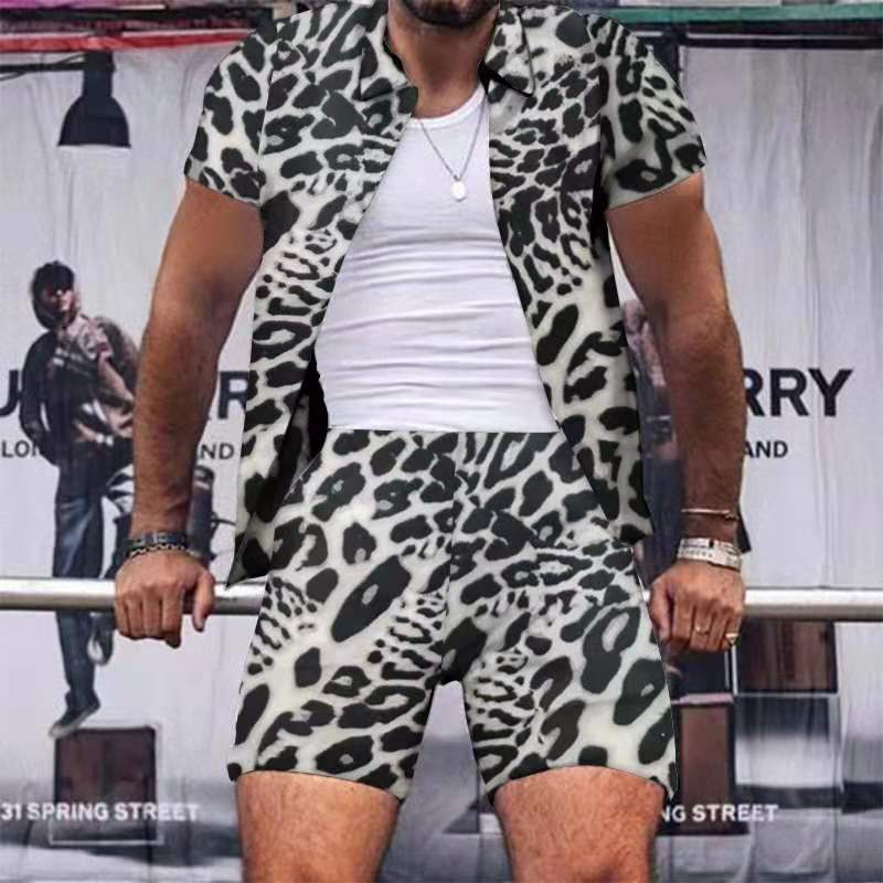 Leopard Tiger Print Sets Men Casual Hawaiian Short Sleeve Shirts Shorts Suits Quick Dry Beach 2 Pieces Plus Size 220621