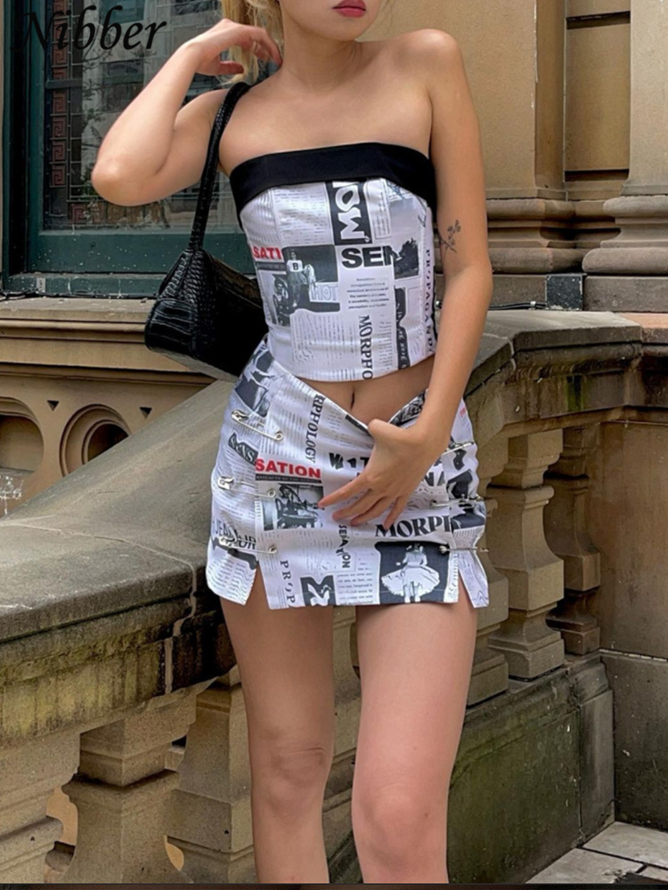 Nibber Womens Slim Fit Printed Two Piece Sexy Off Shoulder Top Casual Short Skirt Women Fashion Outfit 220602