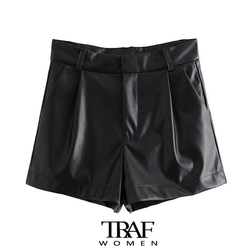 TRAF Women Chic Fashion Side Pockets Faux Leather Shorts Vintage High Waist Zipper Fly Female Short Pants Mujer 220630
