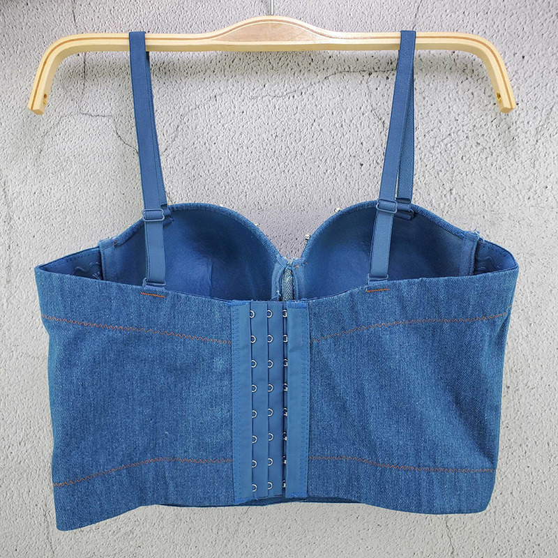 Fashion Corset Top with Diamond Denim Crop Sexy Glitter Party Club Rave Festival Clothing 220316