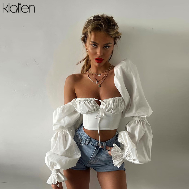 KLALIEN Spring Summer Fashion Elegant French Romantic Floral Puff Sleeve Square Collar Women Blouses White Chiffon Shirt 220407