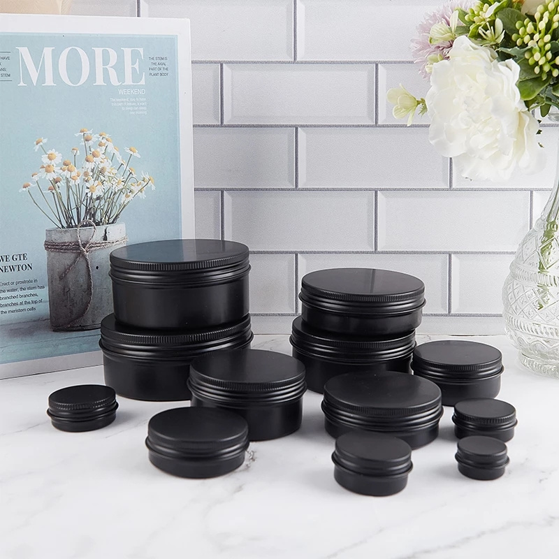 Cosmetics Container Empty Black Aluminum Tin Jars Lip Balm Bottle Candle Tea Cans Boxes Packaging with Screw Lids