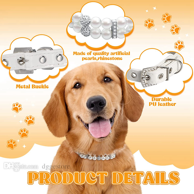 Pearl Dog Collars Leashes Set Crystal Rhinestone Diamond Decoration Puppy Cat Crystals Collars PU Leather Collar Necklace for Wedding Birthday Daily W