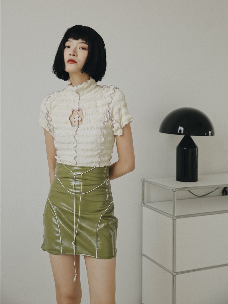 CHEERART Summer Short Sleeve Ruffle Blouse Women Turtleneck Ladies Tops Cut Out Ruched Frilly Top Aesthetic 220527