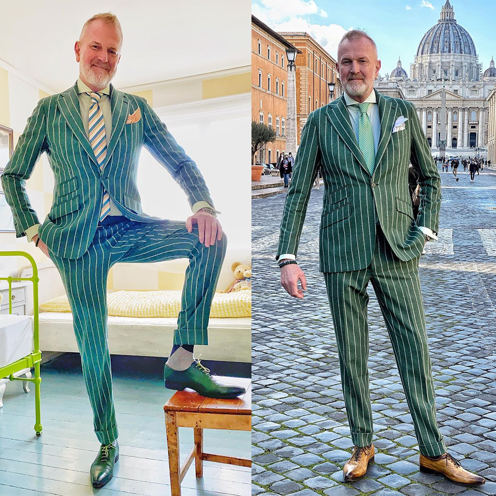 Summer Green Pinstripe Men Wedding Tuxedos Peaked Lapel Jacket Suits Handsome Men Prom Party Formal Outfit 2 Pieces