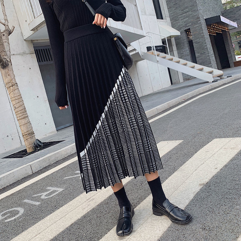 HOUZHOU Autumn Winter Houndstooth Knitted Long Skirts Women Vintage Black High Waist Midi Pleated Skirt Elegant Casual 220317