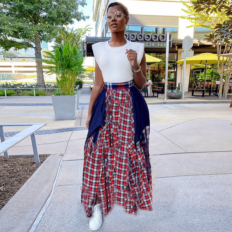 Plaid Checkered Tie Dye Patchwork Pleated Skirt Women Vintage High Waist Ruched Maxi Summer Female Floor Length s 220317