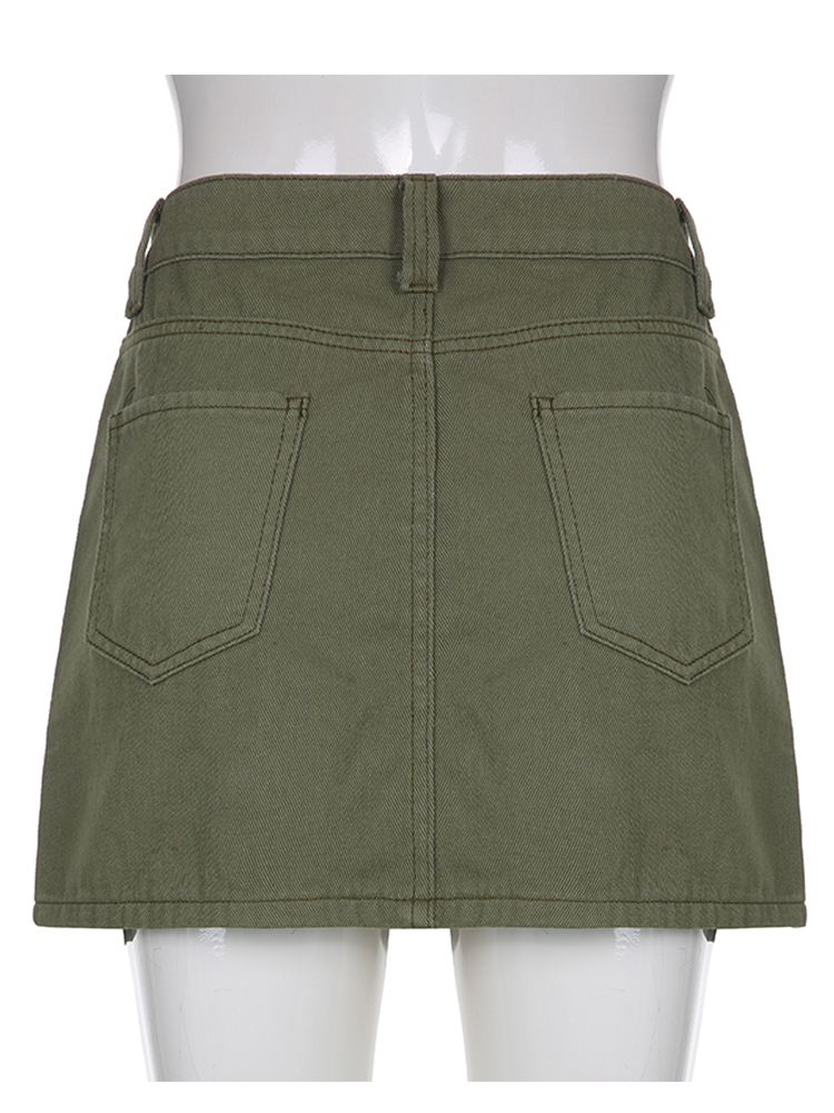 Rapcopter Y2K Grey Green Jeans Skirts Pockets Bandage Low Waisted Denim Mini Skirts Retro Zip Cute Pencil Skirts Women Korean 220701