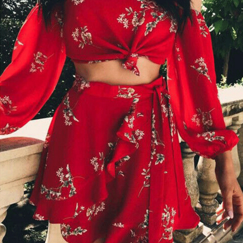 Two Piece Set Women Summer Autumn Floral Bohemian Off Shoulder Puff Sleeve Crop Tops Ruffle Mini Skirts 2Pcs Set Female 220602