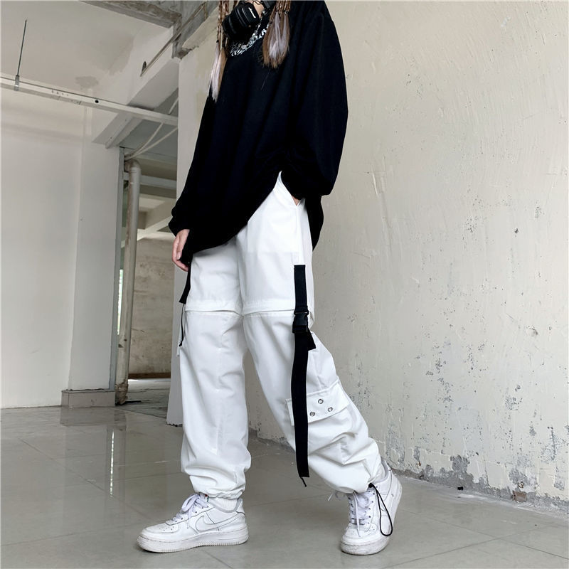 HOUZHOU White Streetwear Cargo Pant Y2k Harajuku Loose Patchwortk High Waist Trousers Casual Removable Techwear Korean 220325