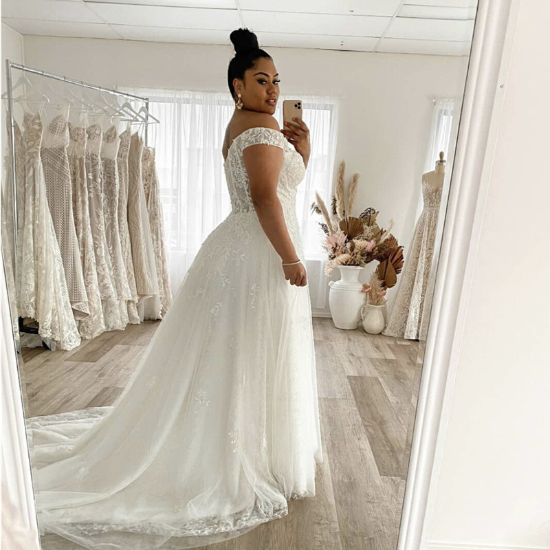 V Neck Plus Size Wedding Dresses 2022 Off The Shoulder Lace Applique Tulle Backless Bridal Gowns Custom Made Robe De Mariée