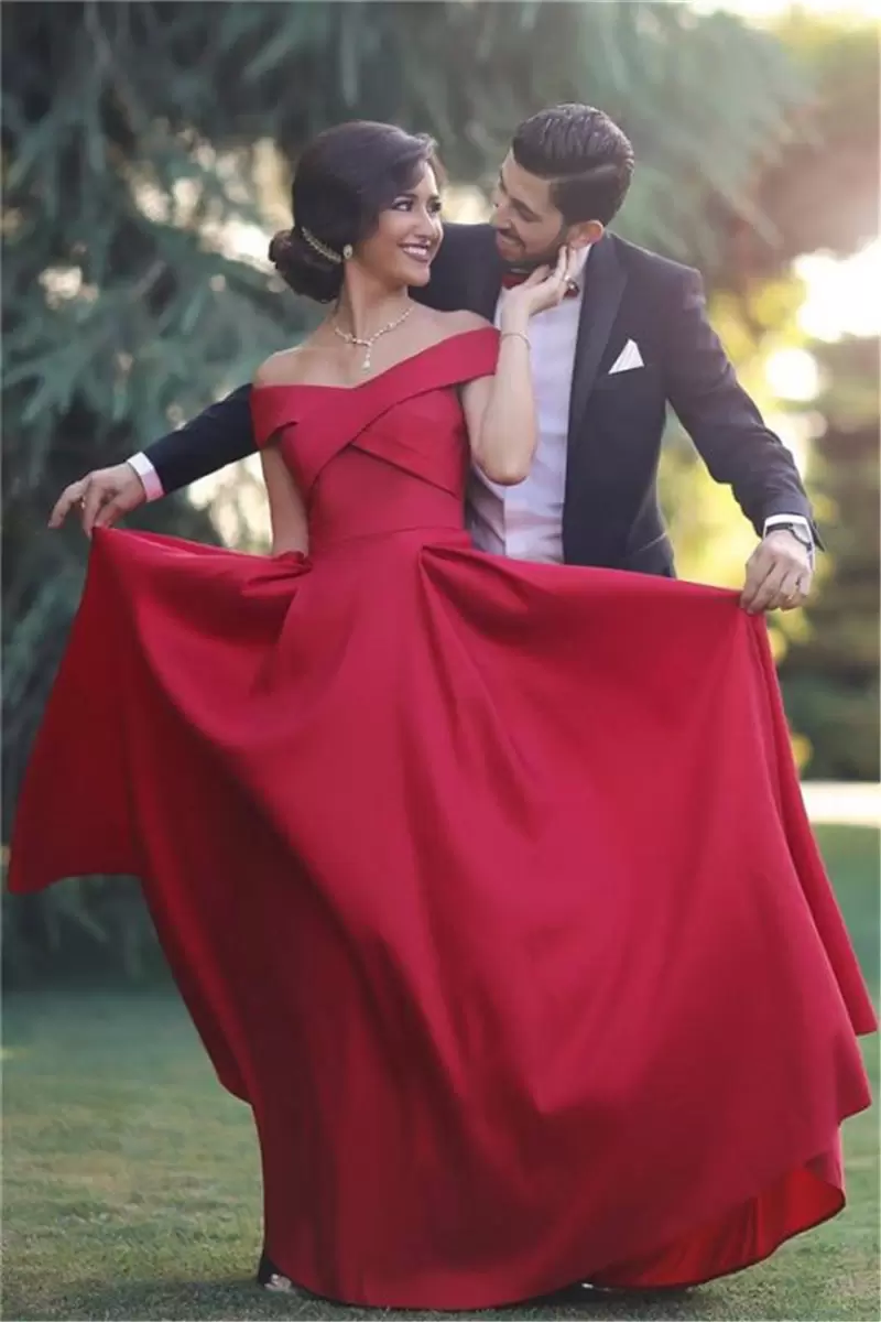 Evening Dresses Red Off The Shoulder Neck Sleeveless Satin Floor Length Mermaid Custom Made Formal Prom Gown Plus Size Vestidos 2022