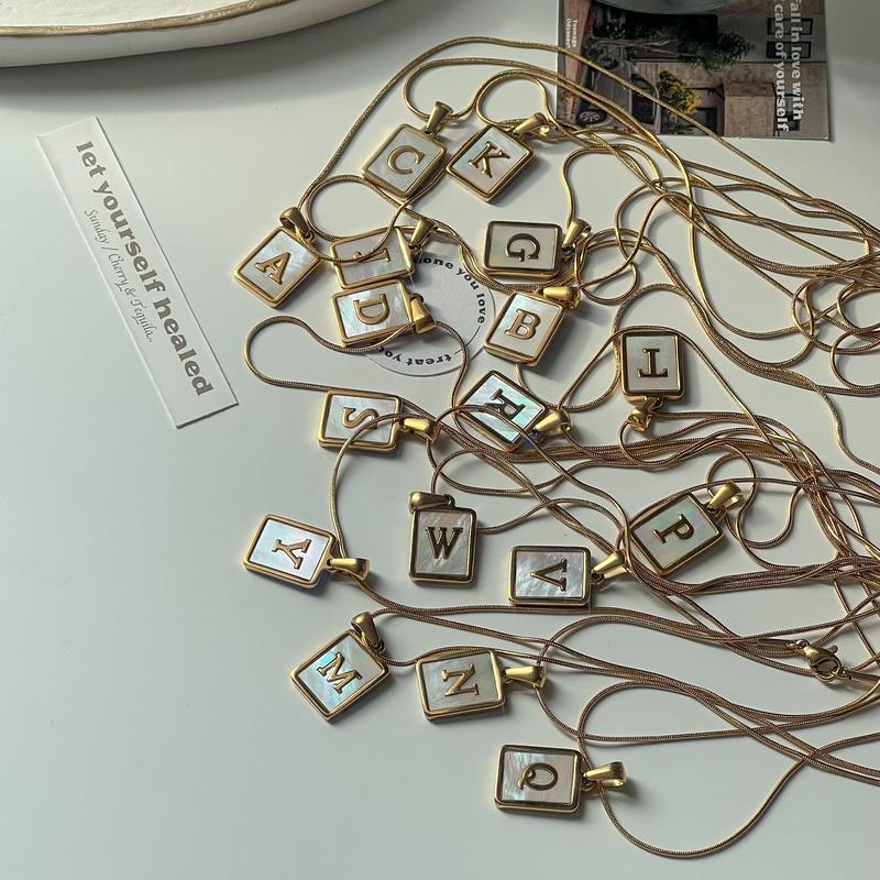 Golden Necklace A-Z Alphabet Stainless Steel Shell Square Pendants Jewelry Letters Name