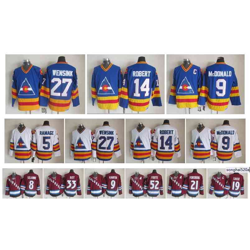 95 Retro Colorado Avalanche Hockey Jersey 33 Patrick Roy Forsberg Wensink 14 Robert 52 Foote 5 Ramage 9McDonald 8 Selanne 9 Kariya 19 Sakic nhl's Jerseys, As pic
95 Retro Colorado Avalanche Hockey Jersey 33 Patrick Roy Forsberg Wensink 14 Robert 52 Foote 5 Ramage 9McDonald 8 Selanne 9 Kariya 19 Sakic nhl's Jerseys, As pic