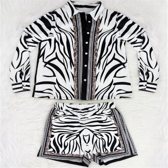 Womens Tracksuits Two Piece Outfits Print Zebra Stripe Long Sleeve Button Shirts + Pocket Shorts 2 Piece Set Women Casual Clothes S-2XL