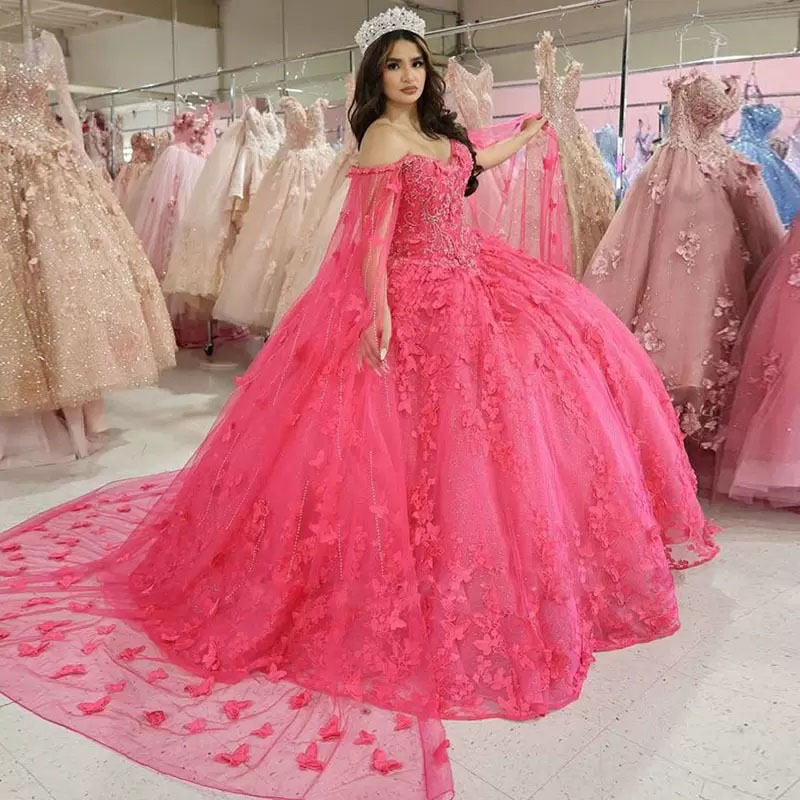Watermelon Quinceanera Dresses with Wrap Embroidery Butterfly Appliques Sweet 15 Gown Glitter Princess Vestidos De XV Anos