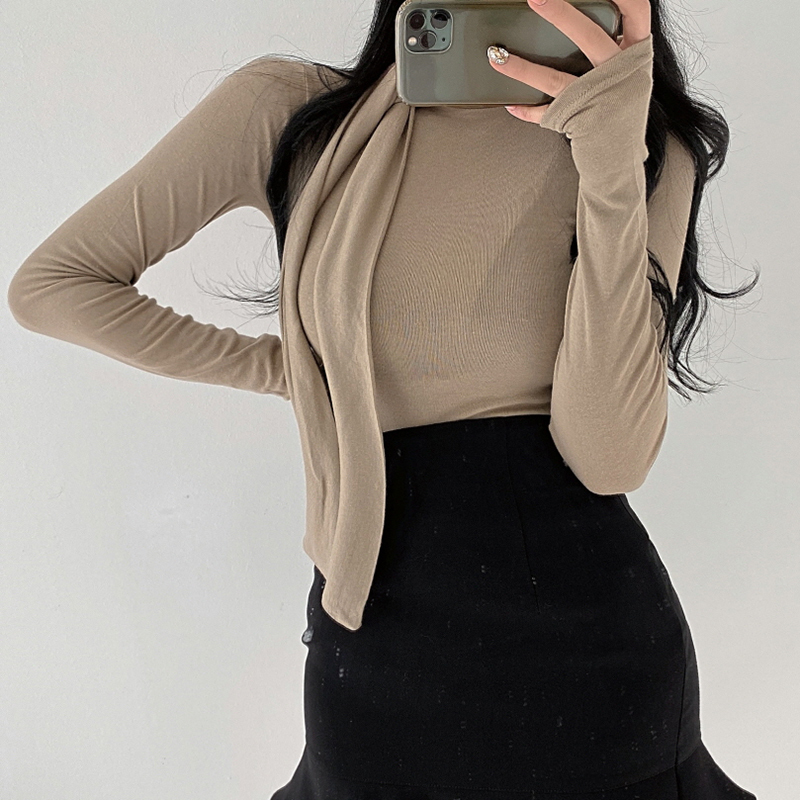 Korean Fashion Scraf Neck Tshirts Women Long Sleeve Sexy Slim Elasticity Cotton Soild Basic T-shirt Woman Tee Shirt Femme Tops 220321