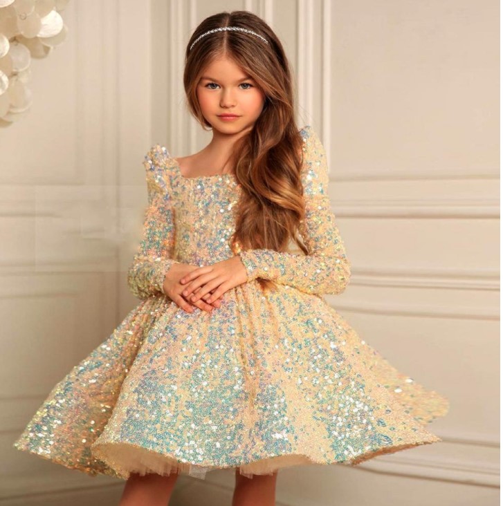 Sequin Burgundy Baby Girl Dress Velvet Full Sleeves Flower Girl Dress Knee Length Dresses For Girls Bow Puffy First Communion
