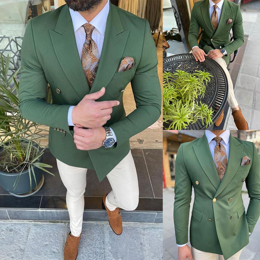 Handsome Dark Green Men Wedding Tuxedos Double Breasted Groom Jacket Suits Party Prom Blazer Clothes Business Wear (Jacket + Pants)