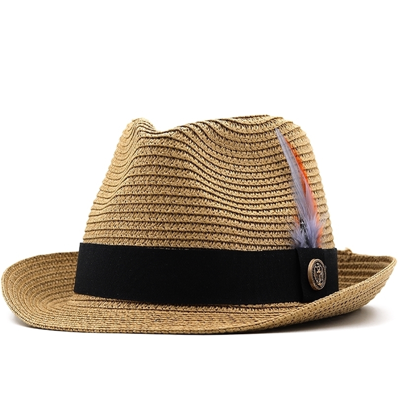 ummer Parentchild Beach Female Caual Panama Jazz Men gentleman 5.5cm brim Feather band traw cap boy un Hat 220613