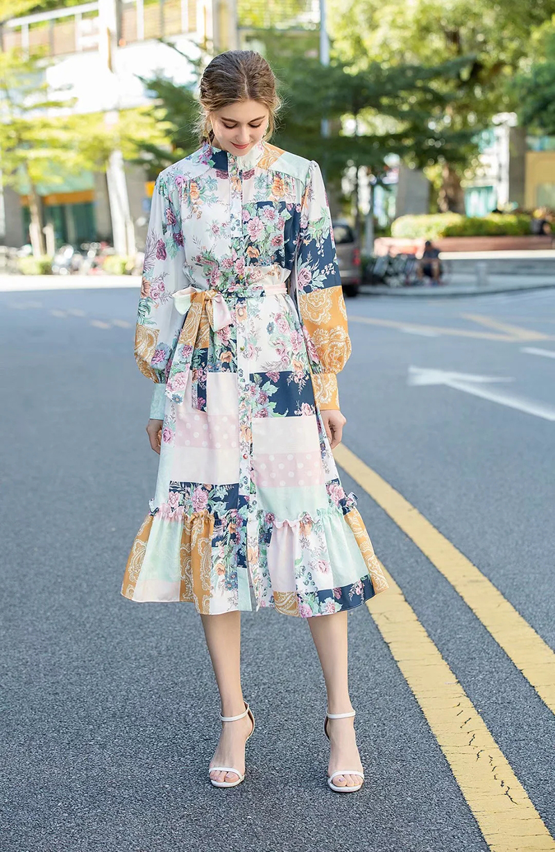 Women's Runway Dresses Stand Collar Long Sleeves Printed Ruffles High Street Fashion Casual Dress Vestidos