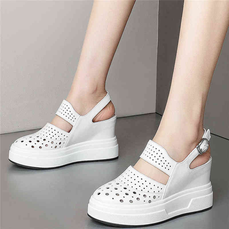 Women Back Strap Genuine Leather Wedges High Heel Roman Gladiator Sandals Female Round Toe Platform Pumps Shoes Casual Shoes Y220421