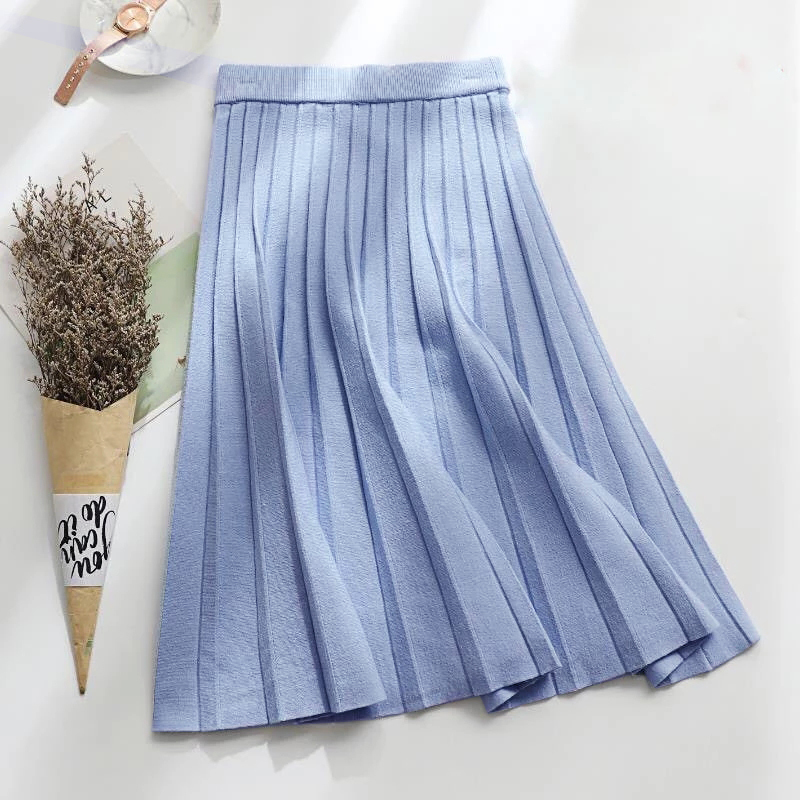 Lucyever Spring Autumn Knitted Skirt Women Fashion High Waist Pleated Midi Skirts Female Elegant Chic Solid A Line 220317