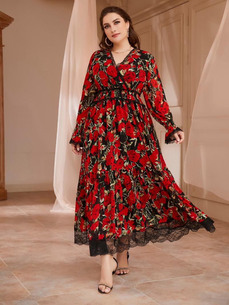 Plus Size Dresses Elegant Large Women Floral Dress With Long Sleeve Lace Neck Rose Print Chic Spring Lady Clothing For FestivalPlus, Red
Plus Size Dresses Elegant Large Women Floral Dress With Long Sleeve Lace Neck Rose Print Chic Spring Lady Clothing For FestivalPlus, Red