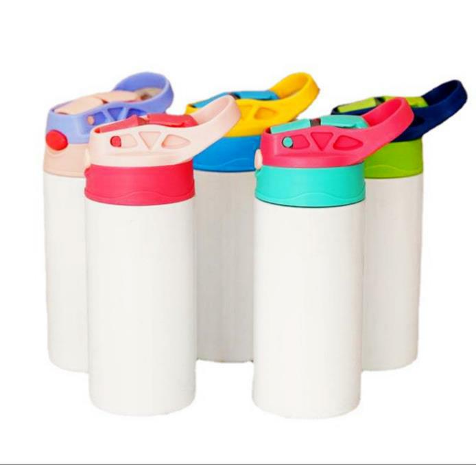 

Stock Sublimation Mugs Blanks Kids Tumbler Baby Bottle Sippy Cups 12 OZ White Water Bottle with Straw and Portable Lid 5 Color Lids Print, Mixed or noted colors