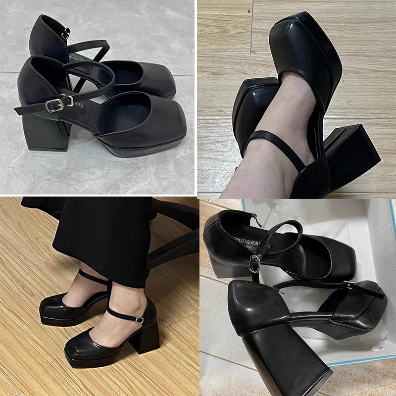 Lucyever Ankle Strap Platform Pumps Women Pu Leather Square Toe Mary Jane Shoes Woman Goth Thick High Heels Ladies 220328