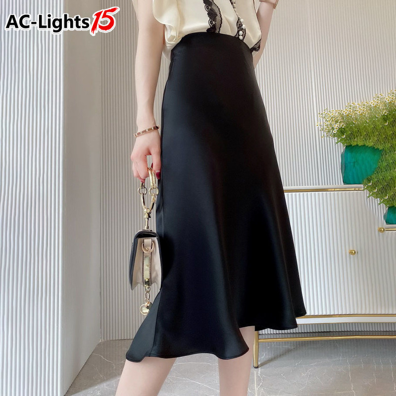 Women High Waisted Skirt Silk Satin s A-Line Elegant s Summer Pink Midi Korean Style AC 220322