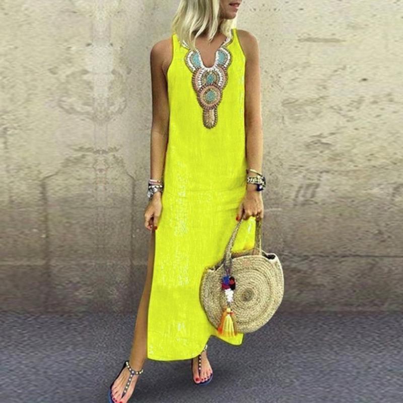 Casual Dresses Boho Women White Vintage Split Plus Summer Vacation Party Long Maxi Dress Sleeveless Sundress Kaftan