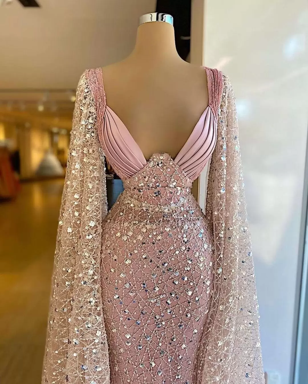 Evening Dresses Mermaid Pink Long Sleeves Designer Or Length Crystals Beaded Plus Size African Formal Prom Party Gown Custom Made 6660306