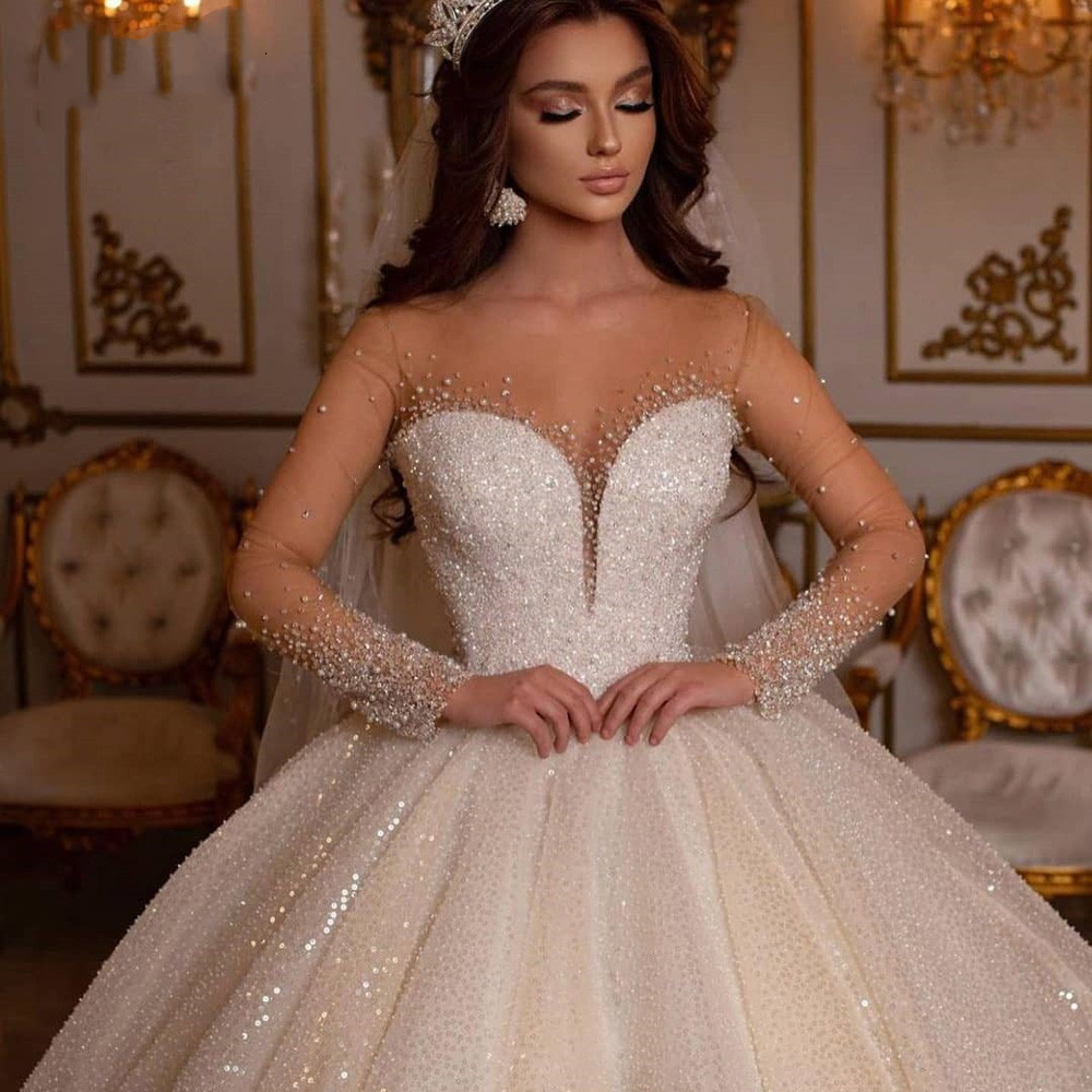 Princess urious Shiny Ball Gown Wedding Dresses Deep V Neck Long Sleeve Strapless Lace Appliques Sequins or Length Train Ruffles Plus Size Robe Custom