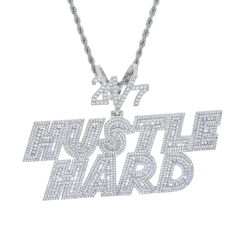 New Iced Out 5A Cubic Zirconia Cz Hustle Hard Letter pendent Necklace with Rope Chain men fashion Hiphop Rock Jewelry