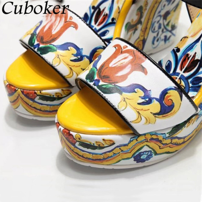 Summer Runway Sandals Women Yellow Multicolour Painting Peep toe Wedge High Heels Buckle Ankle Strap Ladies Dress Shoes 220721