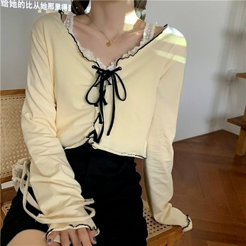 Women Long Sleeve T-shirts Lace-up Cardigan Patchwork Ruffles Trendy Sweet Lovely Crop Tops Sexy Females Coat Leisure Outwear 220321