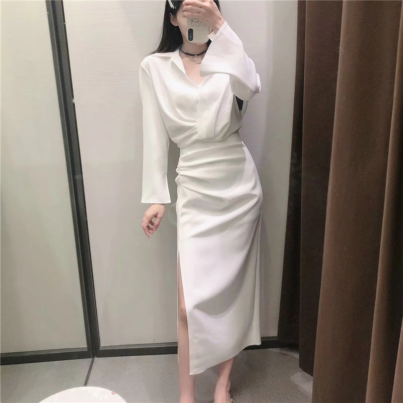 TRAF Green Long Skirts Woman High Waist Pencil Women Elegant Pleats Midi White Black Summer With Side Slit 220317