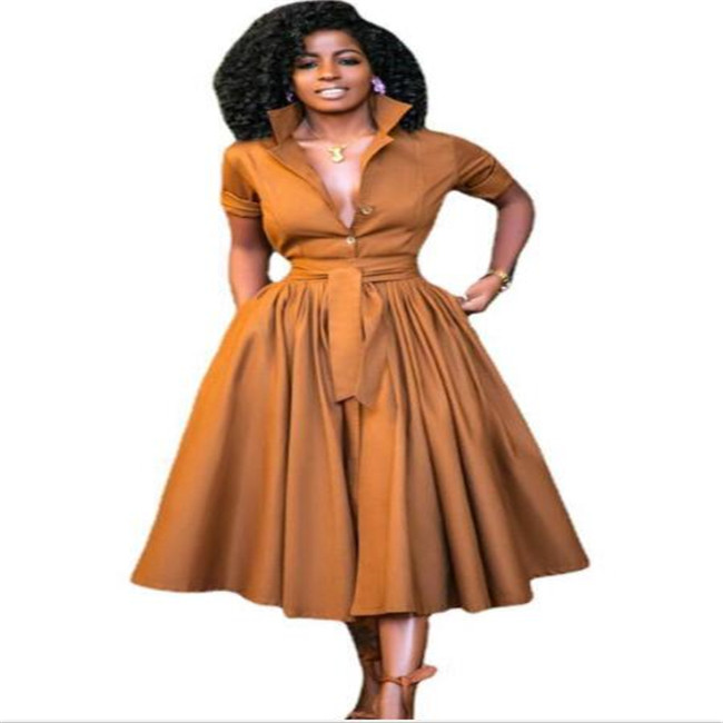 New Style Casual Dresses Fall Autumn Mid-Calf High Waist Shirt Dress Big Plus Size Geometric Printed Elegant Office Ladies Tunic Pleated Midi