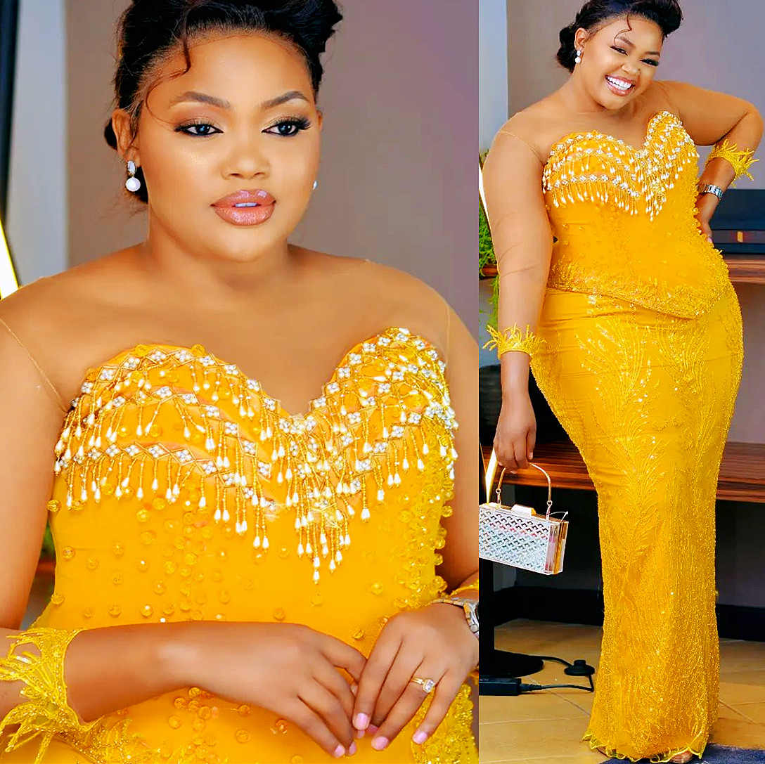 plus size arabic aso ebi yellow luxurious sparkly prom dresses beaded crystals evening formal party second reception birthday engagement gowns dress z