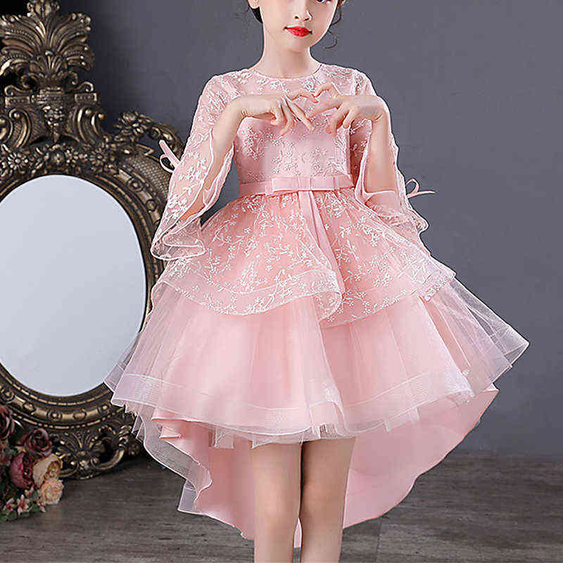 Kids Little Girls' Dress Jacquard Party Birthday Embroidered Mesh Bow Asymmetrical 3/4 Length Sleeve Princess Sweet Dresses Y220510