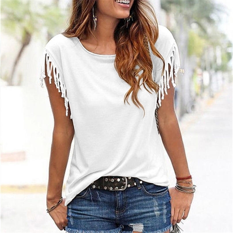 Solid Oneck Tassel Short Sleeve Women's TShirt White Black Red Loose Tshirts Womens Summer Spring Chic Tshirt Tops Women T200614