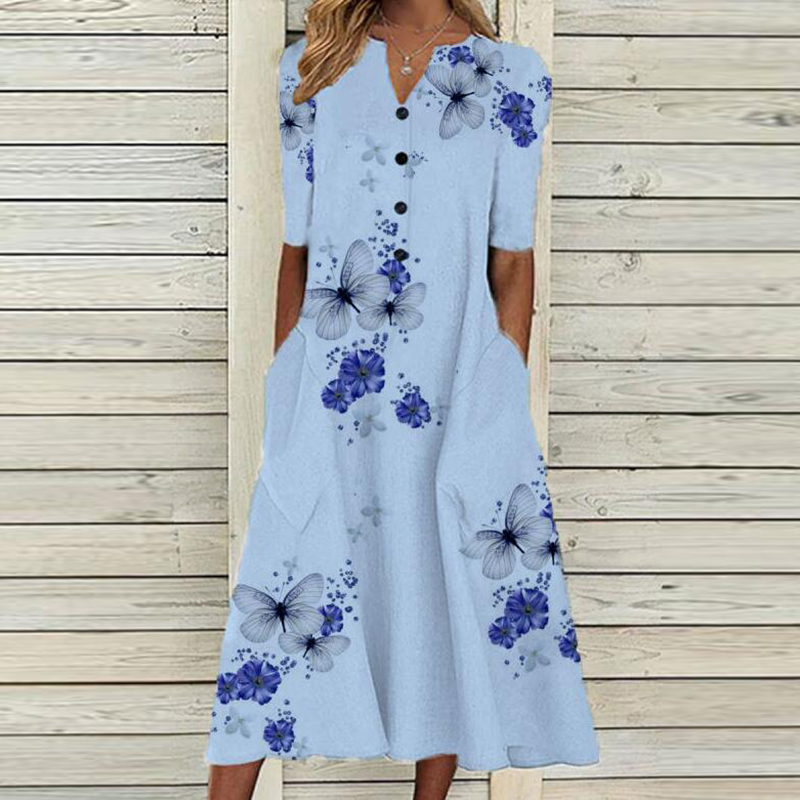 Elegant Women V Neck Short Sleeve Button Party Dres Summer Vintage Print Dress Casual Loose Flower Ladies Dresses D220611